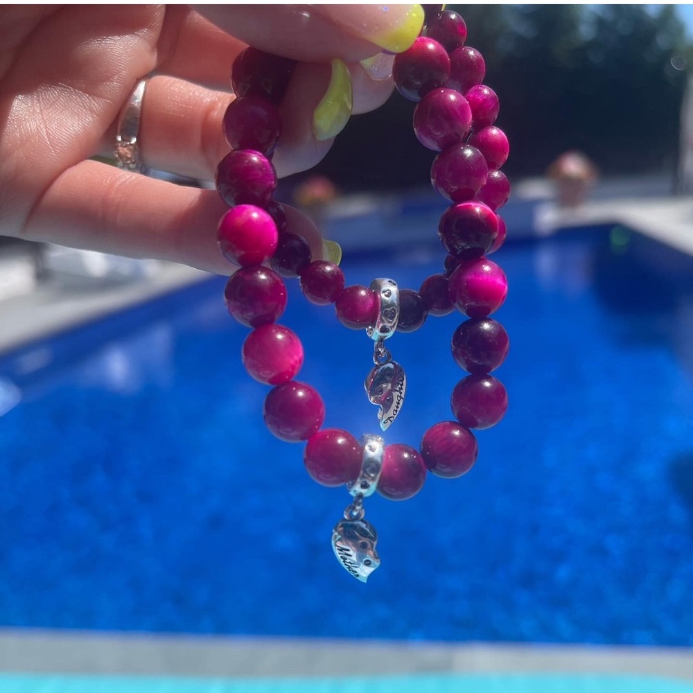 Pink natural beads mother daughter charm bracelet